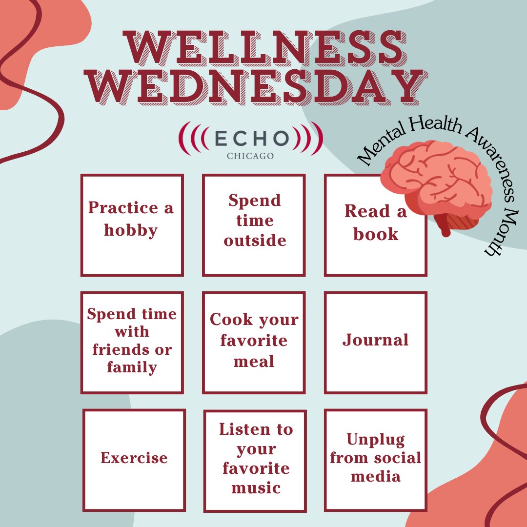 It's #WellnessWednesday ! Even on our busiest of days it is important to take time for yourself. What are some things you do to practice self care? 

#ECHOChicago #ProjectECHO #UChicago #MentalHealthAwarenessMonth