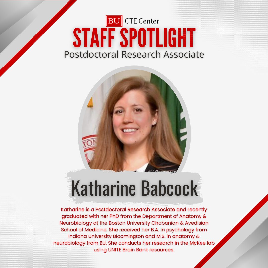 This week's #StaffSpotlight is Postdoctoral Research Associate Katharine Babcock (@kjbabcock9), who recently completed her PhD with Ann McKee, MD, and Russ Huber, MD, PhD, here at the BU CTE Center and UNITE Brain Bank. To learn more about Katharine please go to…