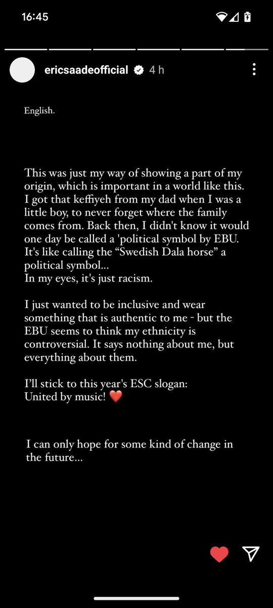@TadhgHickey He's not the Swedish entry. Eric Saade's a Swedish-Palestinian artist, who's a former participant. The EBU's response to all of this is so disappointing.