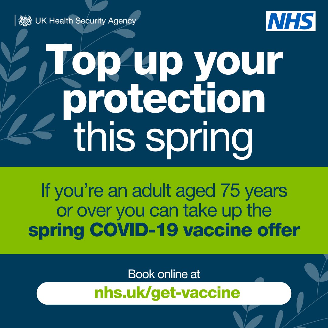 Spring has truly sprung 🌸🌼🌷

Eligible people, including those aged 75 or over, can book their spring #COVID19 vaccine online or via the #NHSapp 📱

Find out more and book at: nhs.uk/conditions/cov…