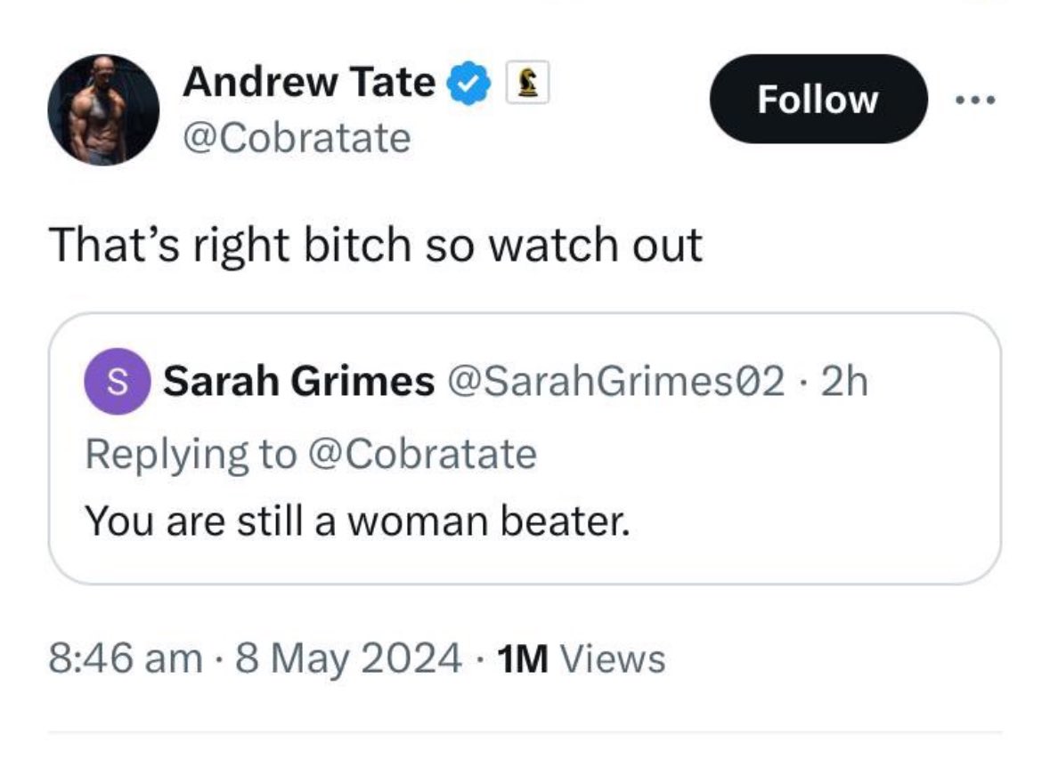 Is this not a direct threat of violence from Andrew Tate towards a woman this morning?