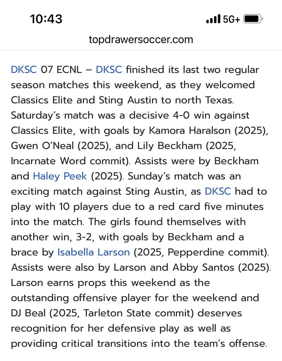 DKSC ECNL 06/07G (@07gdksc) on Twitter photo Nice job, ladies!! #DKSCStrong
<a href="/2025Larson/">Isabella.Larson.2025</a> <a href="/IAmDJBeal/">IAmDJBeal</a> <a href="/LilyBeckham2/">Lily Beckham</a> <a href="/haleypeek07/">Haley Peek</a> <a href="/kamora_h25/">Kamora Haralson</a> <a href="/GwenOneal7/">Gwen Oneal</a> <a href="/abby_soccer15/">abby santos</a>
<a href="/DKSC_official/">D'Feeters Kicks Soccer Club</a> <a href="/ECNLgirls/">ECNL Girls</a> Nice job, ladies!! #DKSCStrong
<a href="/2025Larson/">Isabella.Larson.2025</a> <a href="/IAmDJBeal/">IAmDJBeal</a> <a href="/LilyBeckham2/">Lily Beckham</a> <a href="/haleypeek07/">Haley Peek</a> <a href="/kamora_h25/">Kamora Haralson</a> <a href="/GwenOneal7/">Gwen Oneal</a> <a href="/abby_soccer15/">abby santos</a>
<a href="/DKSC_official/">D'Feeters Kicks Soccer Club</a> <a href="/ECNLgirls/">ECNL Girls</a>