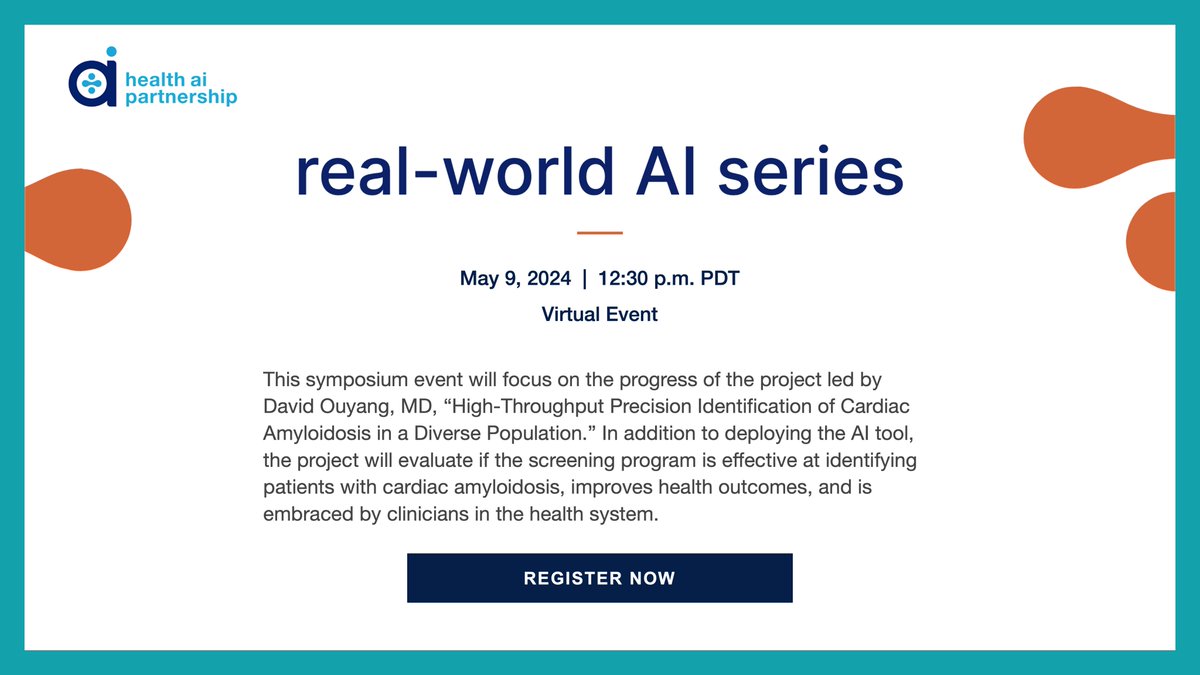 Join the Health AI Partnership Real-World AI symposium event tomorrow at 12:30 p.m. PDT as @David_Ouyang discusses a project to evaluate the implementation of an #AI tool meant to help detect underdiagnosed cardiac amyloidosis, a rare fatal disease. healthaipartnership.org/real-world-ai-…