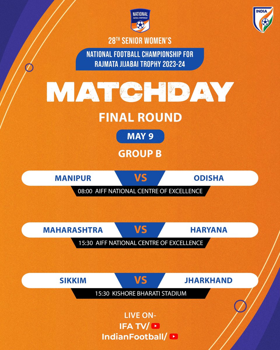 Manipur's unbeaten squad faces off against Odisha tomorrow in the Senior Women's NFC for the Rajmata Jijabai Trophy. 🔥⌛️ 💻 Watch LIVE action on Indian Football YouTube Channel and IFA TV #IndianFootball ⚽️