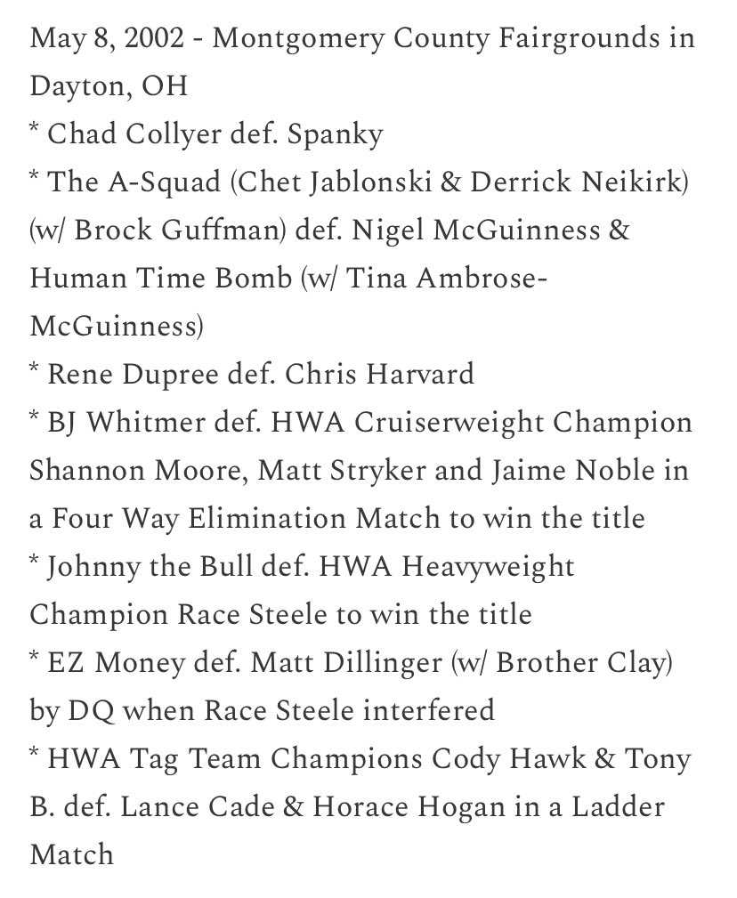 Today in @HWAOnline history 

2002 in Dayton, OH feat. @chadcollyer @BROCKGUFFMAN @McGuinnessNigel @TheShannonBrand @CodyFnHawk + Rene Dupree, Jamie Noble, Johnny the Bull, Race Steele, Lance Cade, Horace Hogan and more!

Full results: