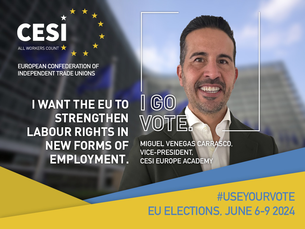 CESIunions's tweet photo. On the occasion of #EuropeDay 2024, @VenegasValorian from @Valorianenred explains why he will vote in the #EUelections2024: He wants the EU to strengthen labour rights in new forms of employment. 🚴‍♀️📱
#WeEP24 #UseYourVote https://t.co/gMRANS1bYt