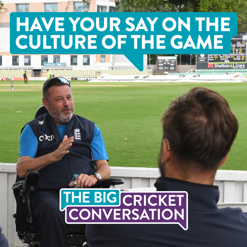 ECB_cricket's tweet photo. 💬 Have your say! 💬

We want to hear from voices across England &amp; Wales to help shape the values that will guide our sport and create a more inclusive culture for today and the future.

The survey will remain open until Monday 3 June👇

#TheBigCricketConversation #RaisingTheGame