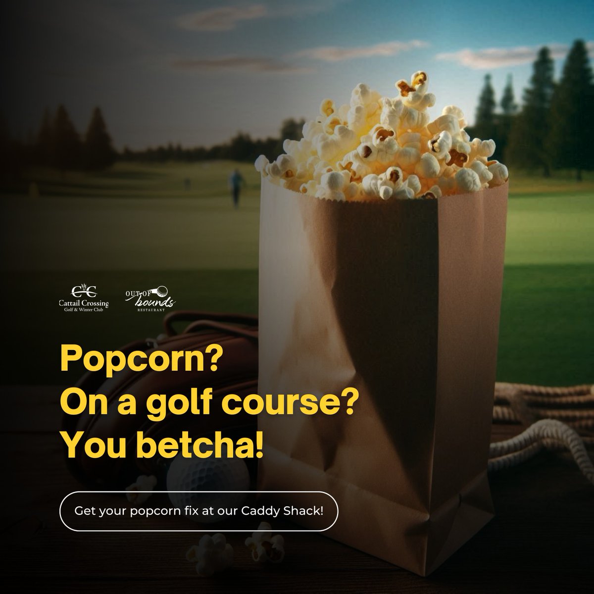 Popcorn on a golf course? You betcha! 🍿⛳️ Swing by our Caddy Shack/ Proshop at Cattail Crossing for your popcorn fix and a round of fun! 

Did we mention we're the only golf course in town where you can enjoy delicious popcorn while teeing off? 😉