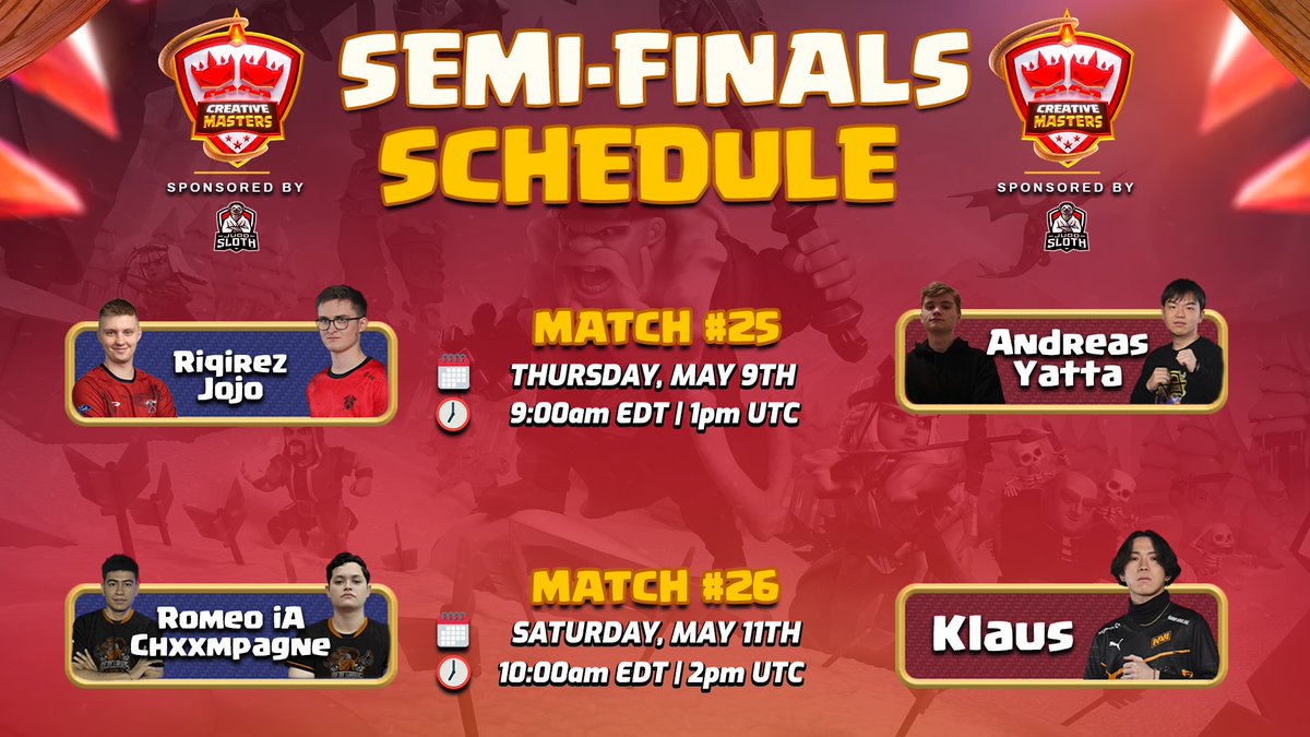 Creative Masters Series 3.0 - via <a href="/JudoSloth/">Judo Sloth Gaming</a>

🗓️ Semi-Finals 🗓️

Match #25 - Thursday, May 9th | 1pm UTC
<a href="/riqirez/">TRB Riqirez</a> &amp; <a href="/Jojo23_coc/">Jojo23_CoC</a> vs <a href="/Andreas_coc/">Andreas</a> &amp; <a href="/yatta_coc/">NAVI Yatta</a>

Match #26 - Saturday, May 11th | 2pm UTC
<a href="/RomeooiA/">Romeo iA^</a> &amp; @Orgxsmo1 vs <a href="/Klaus_coc/">NAVI Klaus🥇</a>

Full Bracket: widgets.commoninja.com/creativemasters
