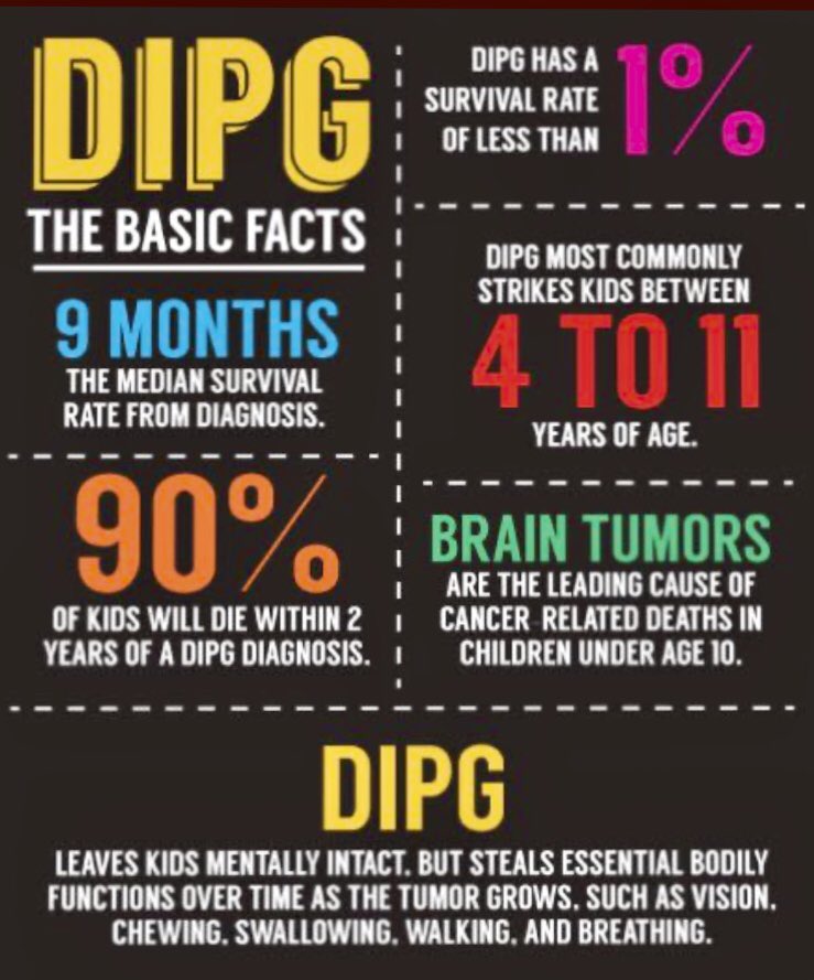 #DIPG (brainstem cancer)is a profoundly tragic disease. It it’s 100% fatal bc of its location. The brainstem controls breathing, swallowing, eyesight & other critical body functions. It strikes about 300-400 kids in the U.S. each year.
#BrainCancerAwarenessMonth #BrainCancer #GBM