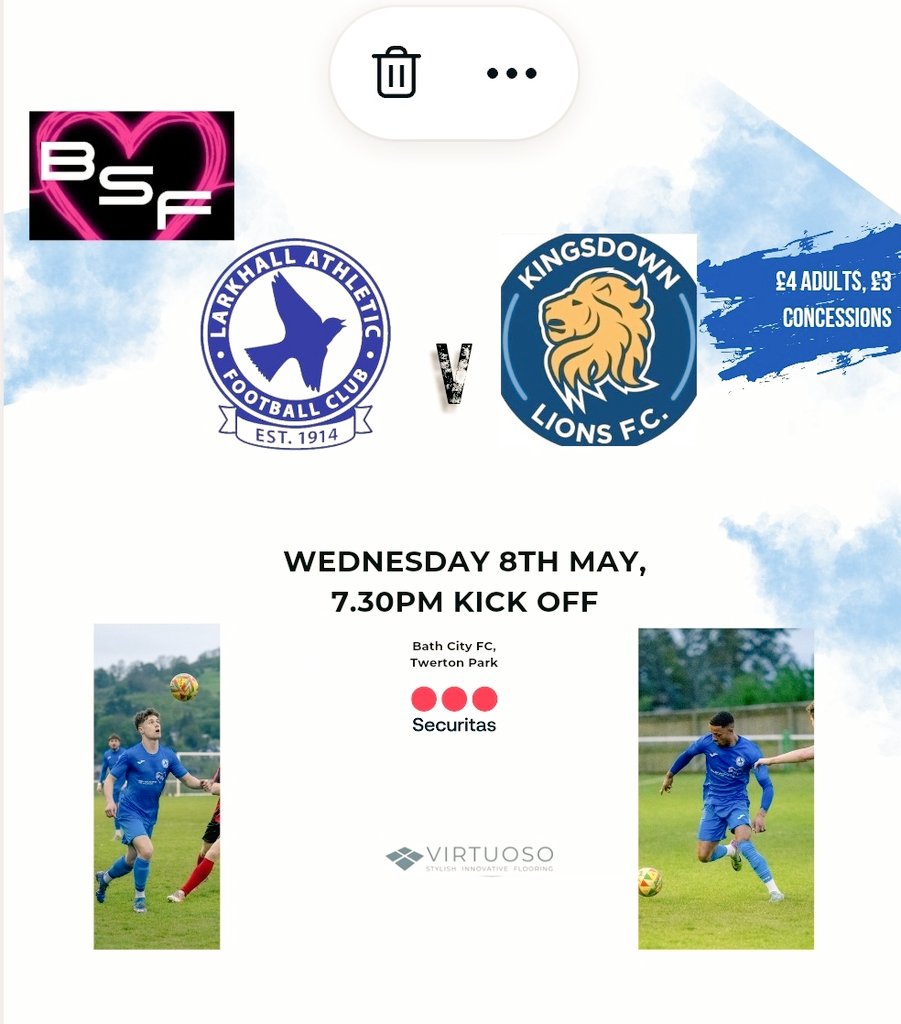 𝗠𝗔𝗧𝗖𝗛𝗗𝗔𝗬 

9 changes to the starting 11, as with one eye on the final, we welcome....

🏆 @WiltsLeague 
⚽️  vs @Kingsdownlions
📆 Today, 08 May 2024
🏟 @BathCity_FC
🕢 19h30
£4 adults, £3 concessions.

It's our last league game.
Come support our young squad.
#Upthelarks