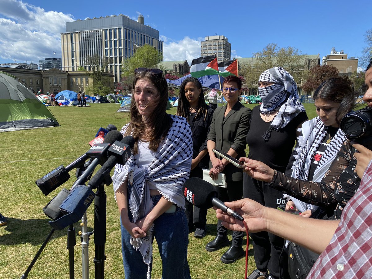 At a press conference at U of T’s pro-Palestinian encampment, student reps say the university is misrepresenting their convos and they won’t be talking to them unless it’s about demands for disclosing/divesting from Israel. They say they won’t be going anywhere from the site.