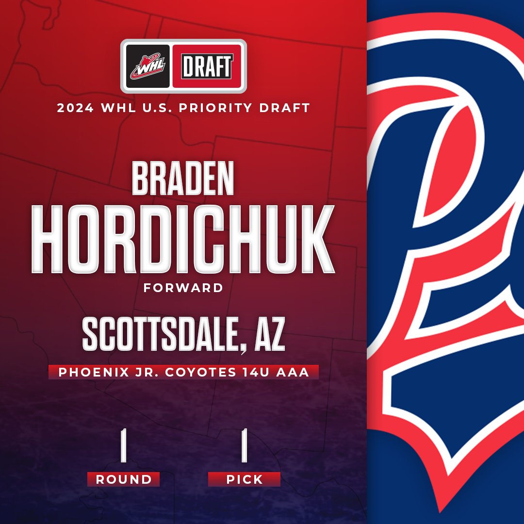 With the first overall pick in the 2024 U.S. Priority Draft, the <a href="/WHLPats/">Regina Pats</a> select Braden Hordichuk from the Phoenix Jr. Coyotes 14U AA.