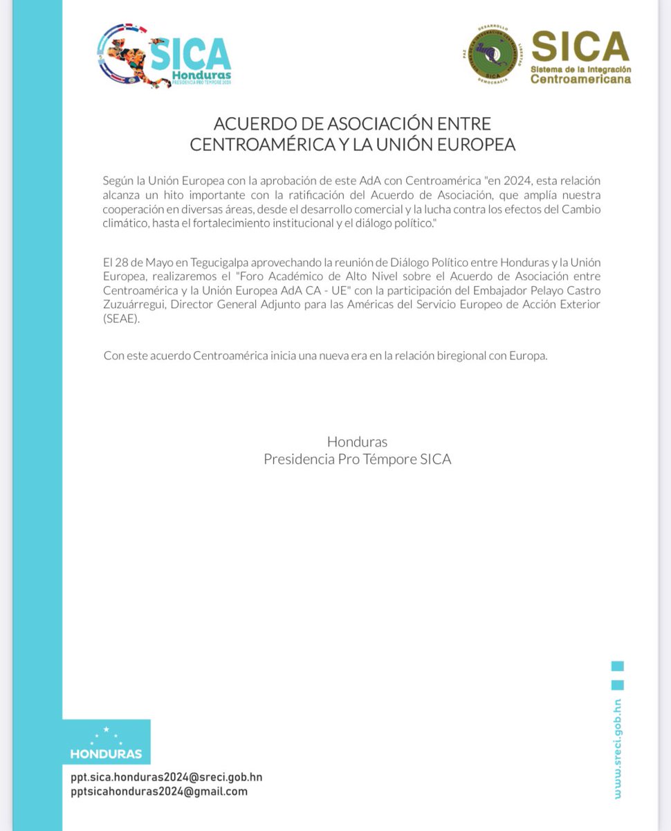 Honduras saluda la plena entrada en vigor del Acuerdo de Asociación entre Centroamérica y la Unión Europea. El AdA CA - UE, a partir del 01 de Mayo de este 2024 e incluye a Honduras, Guatemala, El Salvador, Nicaragua, Costa Rica y Panamá. La negociación de este Acuerdo inició…