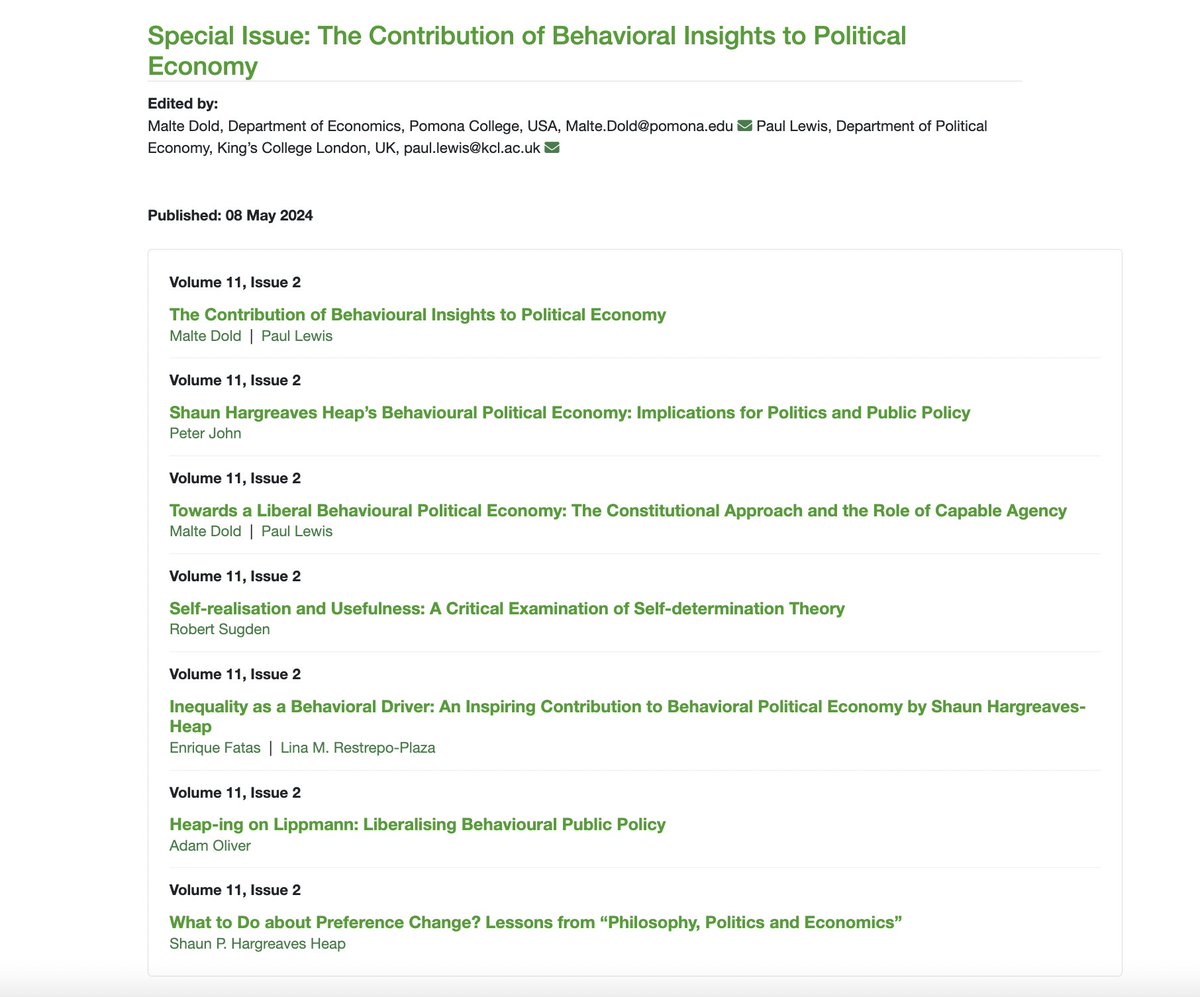 Paul Lewis and I co-edited a special issue on *The Contribution of Behavioral Insights to Political Economy* in honor of the ever prolific and profound Shaun Hargreaves Heap @PaulLew16394851 @Kingspol_econ @PPE_Kings nowpublishers.com/RBE/special-is…