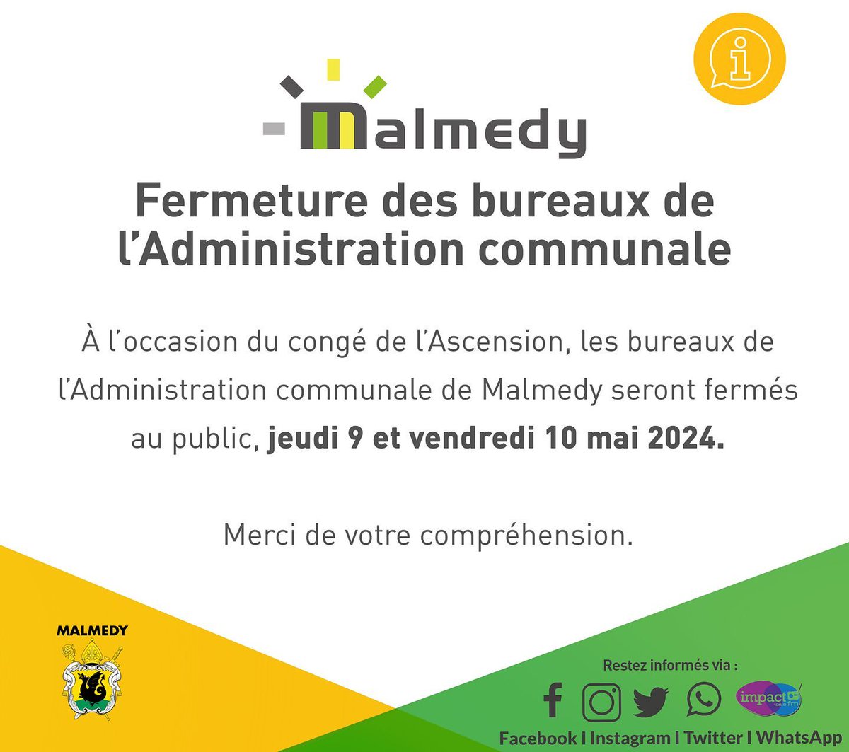 VMalmedy's tweet photo. 📢 #Fermeture des services communaux

✍ Les bureaux de l'Administration communale seront fermés au public en cette fin de semaine.

📍 Nous vous retrouvons dès le lundi 13 mai. https://t.co/PLwIVmzbpD