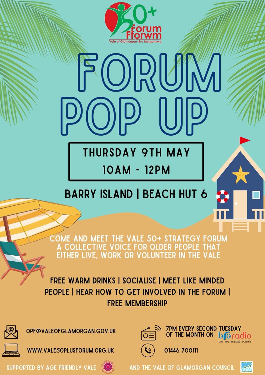 Come and meet the Vale 50+ Forum for a pop up event at : 📍 Beach Hut number 6, Barry Island Promenade, Paget Road, Barry, CF62 5TQ 📅Thursday 9th May ⏰10-12pm Existing members, family and friends are welcome to join for a free hot drink and a chat by the seaside ☕️🏖️