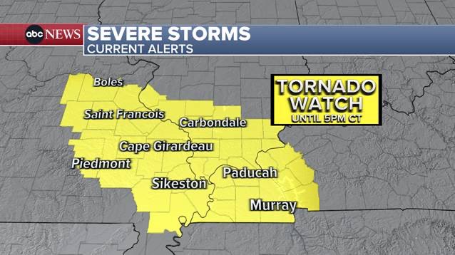 10:45 am CT: TORNADO WATCH for parts of Missouri, Illinois & Kentucky through 5PM CT. This includes Paducah and Carbondale!   A few tornadoes are likely, and a couple could be intense! Also widespread damaging wind gusts to 80mph and very large hail events are likely. @WXmel6