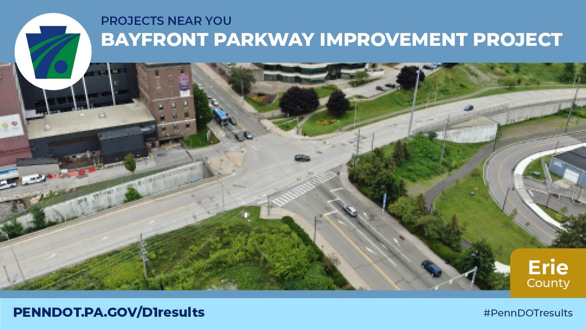 Project spotlight: The Bayfront Parkway Improvement Project started in Oct. 2023 to improve pedestrian, bike & vehicle connections between Erie’s biz district & waterfront-adjacent neighborhoods. This $112M project is expected to wrap in 2027. Learn more: penndot.pa.gov/BayfrontParkwa….