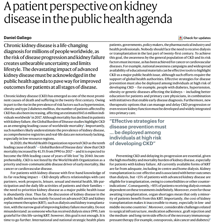 New Comment online! Daniel Gallego shares his patient perspective on kidney disease in the public health agenda. <a href="/EKPFpatients/">EKPF</a> <a href="/FNALCER/">Fed. Nac. ALCER oficial</a> 

go.nature.com/3QE4X1M