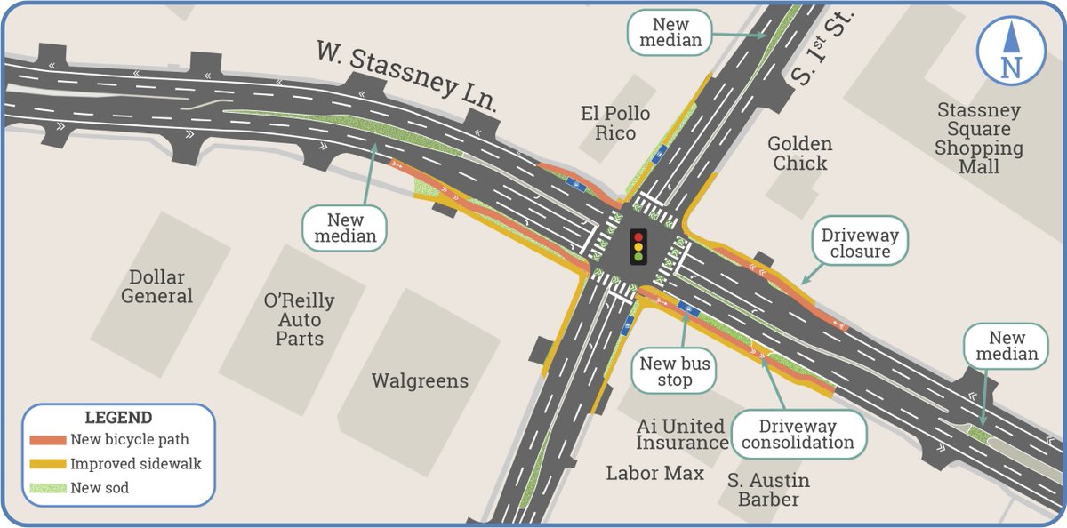 Heads up, much-needed improvements are coming to the Stassney Ln and S 1st St intersection! With construction beginning within the next month, you can expect: 🚧 Wider medians ♿️ ADA-accessible curb ramps 🚶🏽‍♀️ Re-striped crosswalks 🚴🏽‍♀️ New sidewalks and bike lanes 🚌 A new bus stop