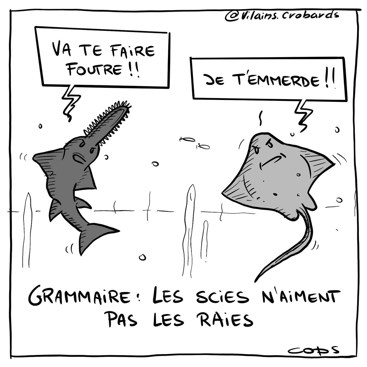 BlaguesDessins's tweet photo. Le dessin de Cops : Grammaire : Les scies n’aiment pas les raies
Retrouvez les dessins de Cops sur : https://t.co/VQNx0gcWdF
#DessinDeCops #LesVilainsPetitsCrobards #Cops #Humour #BlagueDeMerde #FallaitPasFumer #Grammaire #PoissonScie #Raie #RègleDeGrammaire #MoyenMnémotechnique https://t.co/SuuEFflgS5
