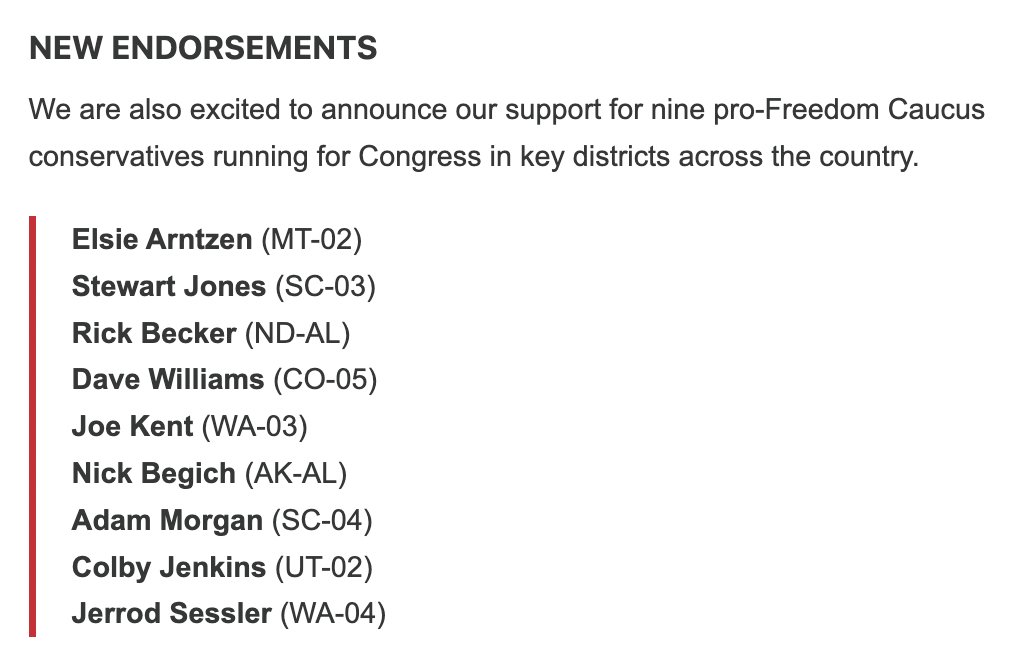 The Freedom Caucus' political arm endorses 9 GOP House candidates, including a primary challenger to Utah Rep. Celeste Maloy: