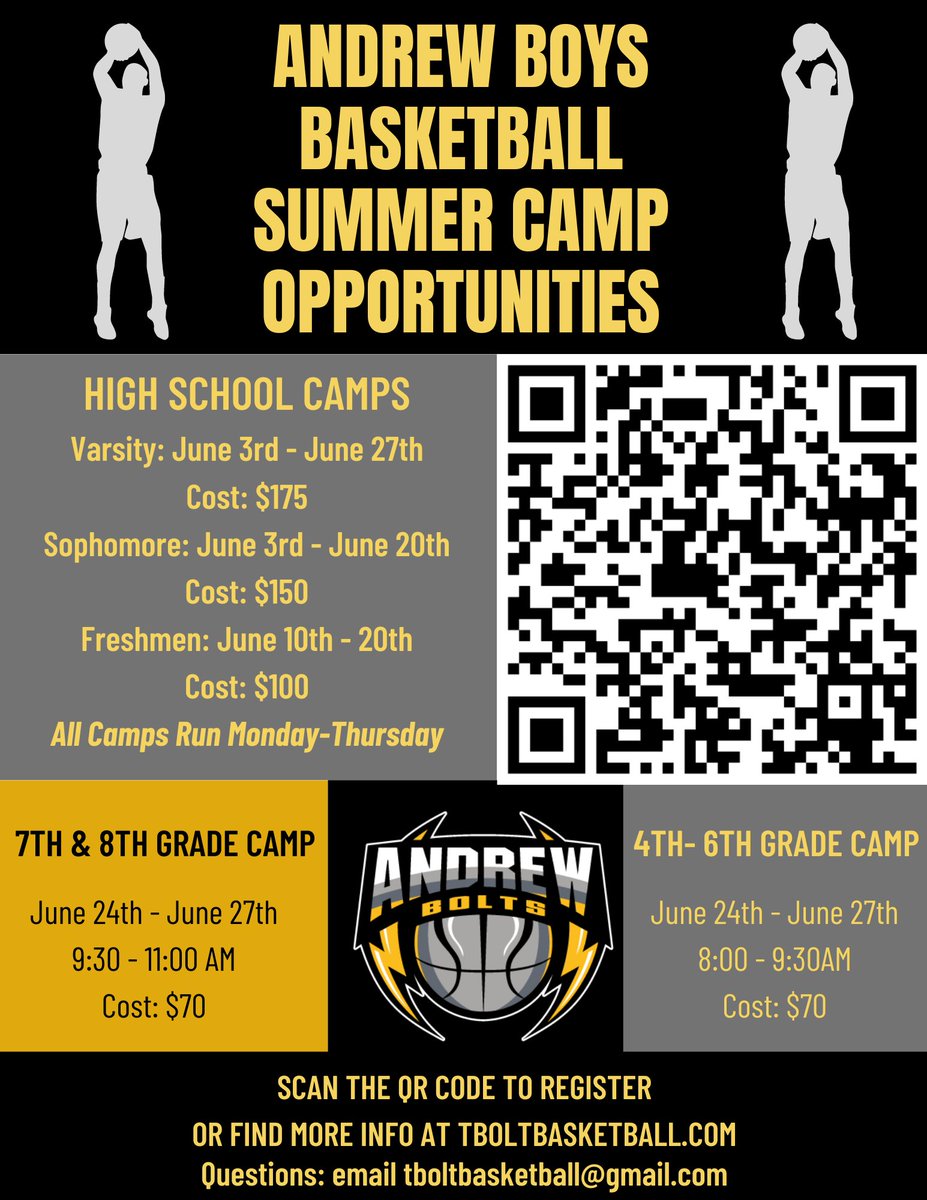 SUMMER CAMPS ARE RIGHT AROUND THE CORNER! SCAN THE QR CODE OR USE THE LINK BELOW TO REGISTER! 🏀⚡️🏀⚡️🏀

NOTE: CAMPS ARE FOR THE GRADE YOUR SON IS ENTERING IN THE 2024-2025 SCHOOL YEAR.

d230.revtrak.net/andrew-hs/24-v…