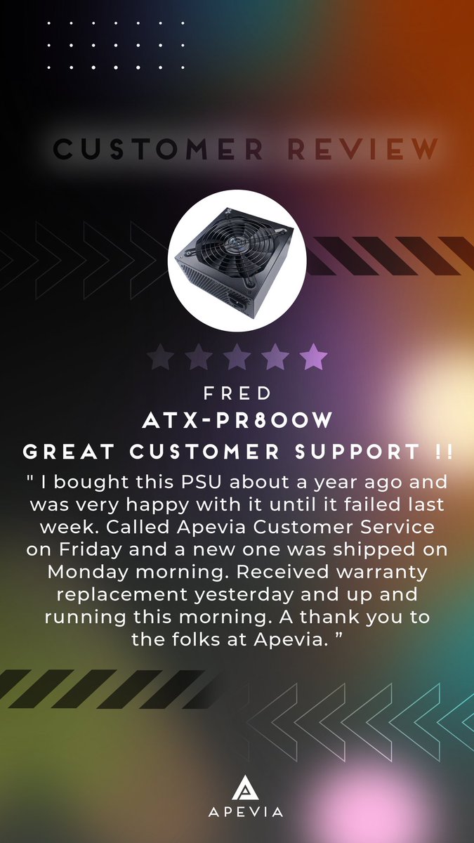 Another happy Apevia customer with a speedy PSU replacement!⚡️🤗
🛒🔗Apevia ATX-PR800W a.co/d/6tOCRmK
#AmazonReviews #psu #CustomerService #workstation #gamingrig #pcmr