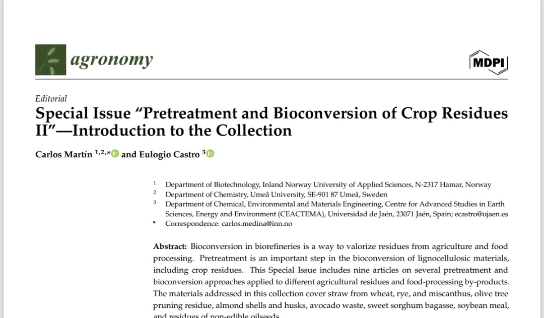 The Special Issue 'Pretreatment and bioconversion of crop residues II' is available. 
Read the introduction at: mdpi.com/2073-4395/14/5…, and the whole collection at: mdpi.com/journal/agrono…