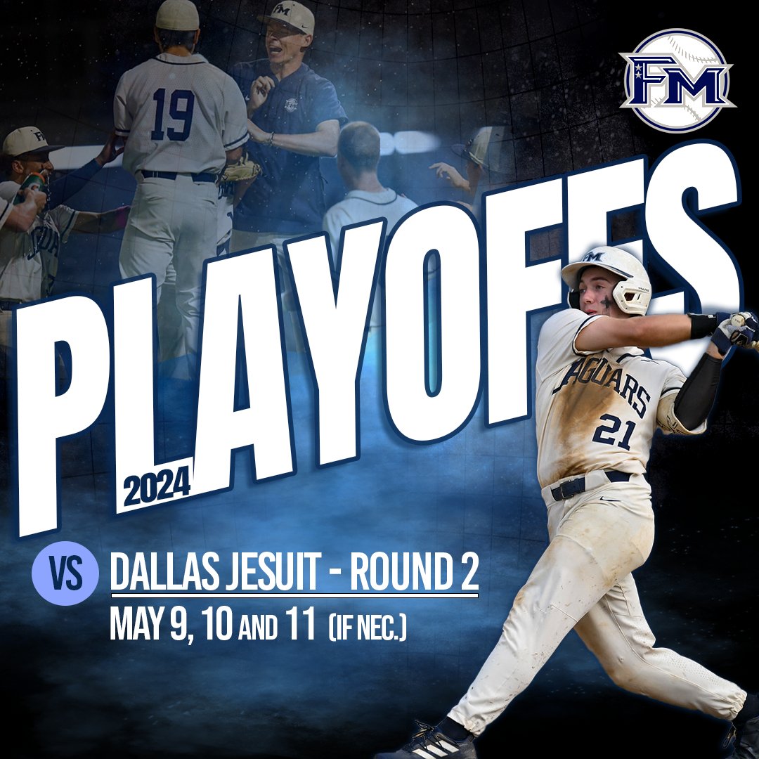 AREA PLAYOFFS START TOMORROW! Flower Mound v Jesuit Dallas ⚾️ GAME 1 @ Jesuit Dallas - Thurs, 5/9, 7:30 PM ⚾️ GAME 2 @ The Mound - Fri, 5/10, 7:30 PM | WHITE OUT AT HOME ON FRIDAY!!