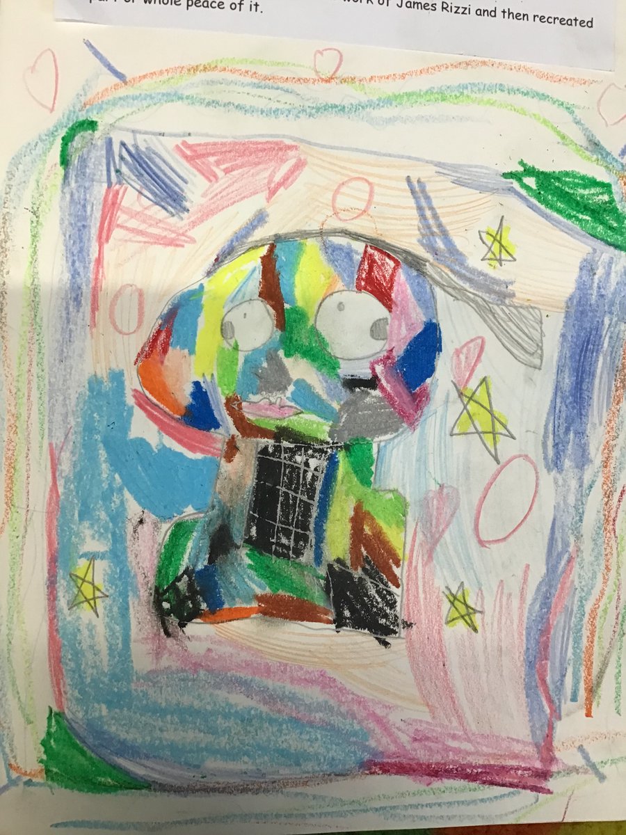SpilsbyAcad's tweet photo. The Year 1 children have been inspired by the artist James Rizzi and created some of their own masterpieces using wax crayons, pencil crayons or pastels. Here are just a few of the amazing examples. @InfinityAcad https://t.co/82qvqoTEmx