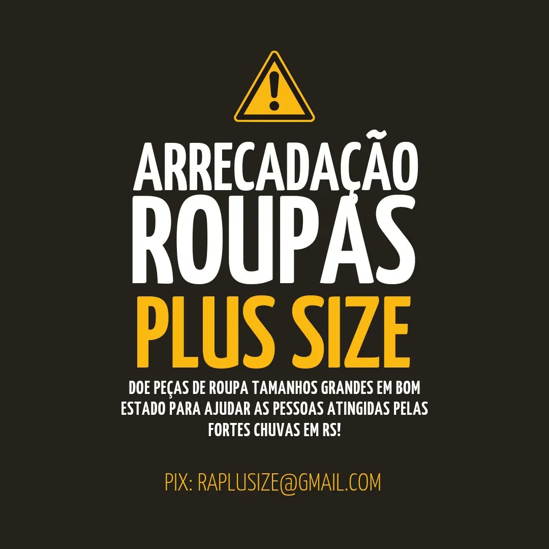 RapPlusSize's tweet image. DOE ROUPAS PLUS SIZE !
estamos arrecadando peças a partir do EXG para ajudar vitimas das enchentes no RS. voce pode chamar a gente pra enviar suas roupas ou fazer um pix que vamos no garimpo dos brechós pra enviar essas peças!

compartilha pfv