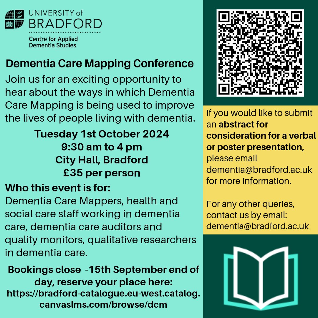 With a third of tickets taken already for our #Dementia Care Mapping (DCM) Conference, book yours to guarantee your place: …talogue.eu-west.catalog.canvaslms.com/browse/dcm If you would like to submit an abstract, the deadline is extended to 7th June midday.