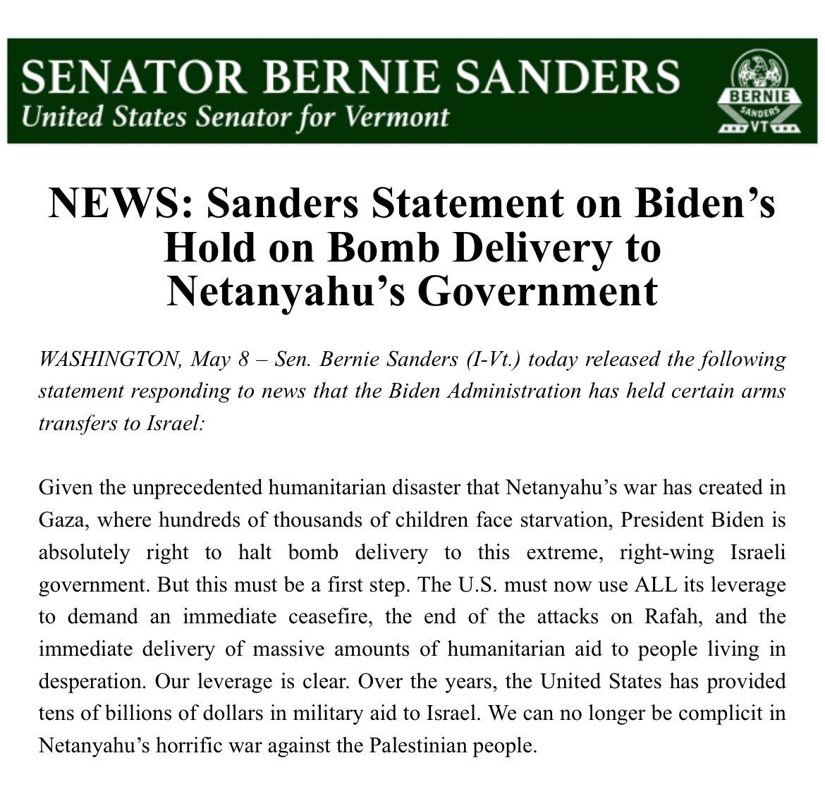 President Biden is right to halt bomb deliveries to this extreme Israeli government. But this must be a first step. The U.S. must now use ALL its leverage to demand a ceasefire, stop attacks on Rafah, and secure delivery of massive humanitarian aid throughout Gaza.