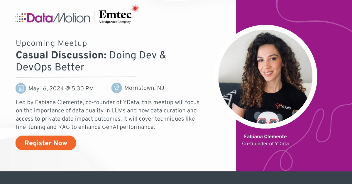 Join our meetup to explore the role of #DataQuality in LLM-driven solutions, featuring guest speaker Fabiana Clemente from <a href="/YData_ai/">YData</a> &amp; co-hosted w/ <a href="/EmtecInc/">Emtec Inc. (Now Bridgenext)</a>. Register now to attend in person or online: hubs.ly/Q02wwS6q0 

🗓️ May 16, 5:30 PM

#MachineLearning #Privacy