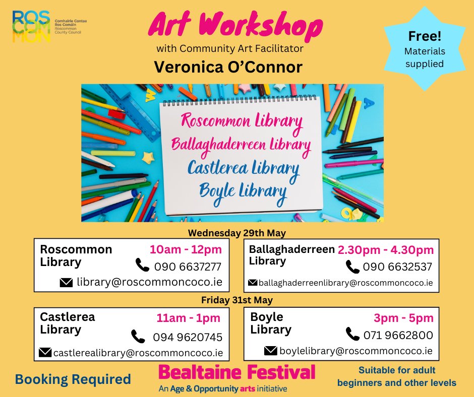 🎨🖌Free #Bealtaine Festival Art Workshops with Veronica O’Connor, Community Art Facilitator. Booking required. Wed 29 May #Roscommon Library 10am – 12pm #Ballaghaderreen Library 2.30 – 4.30pm Fri 31 May #Castlerea Library 11am – 1pm #Boyle Library 3 – 5pm @roscommoncoco