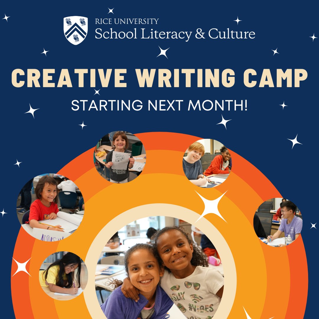 Join us next month for @RiceUniversity's Creative Writing Camp! Limited spots are available for all grade levels. Allow your children to unleash their creativity, think outside the box & connect with others. Register now: bit.ly/3WsMqZW.