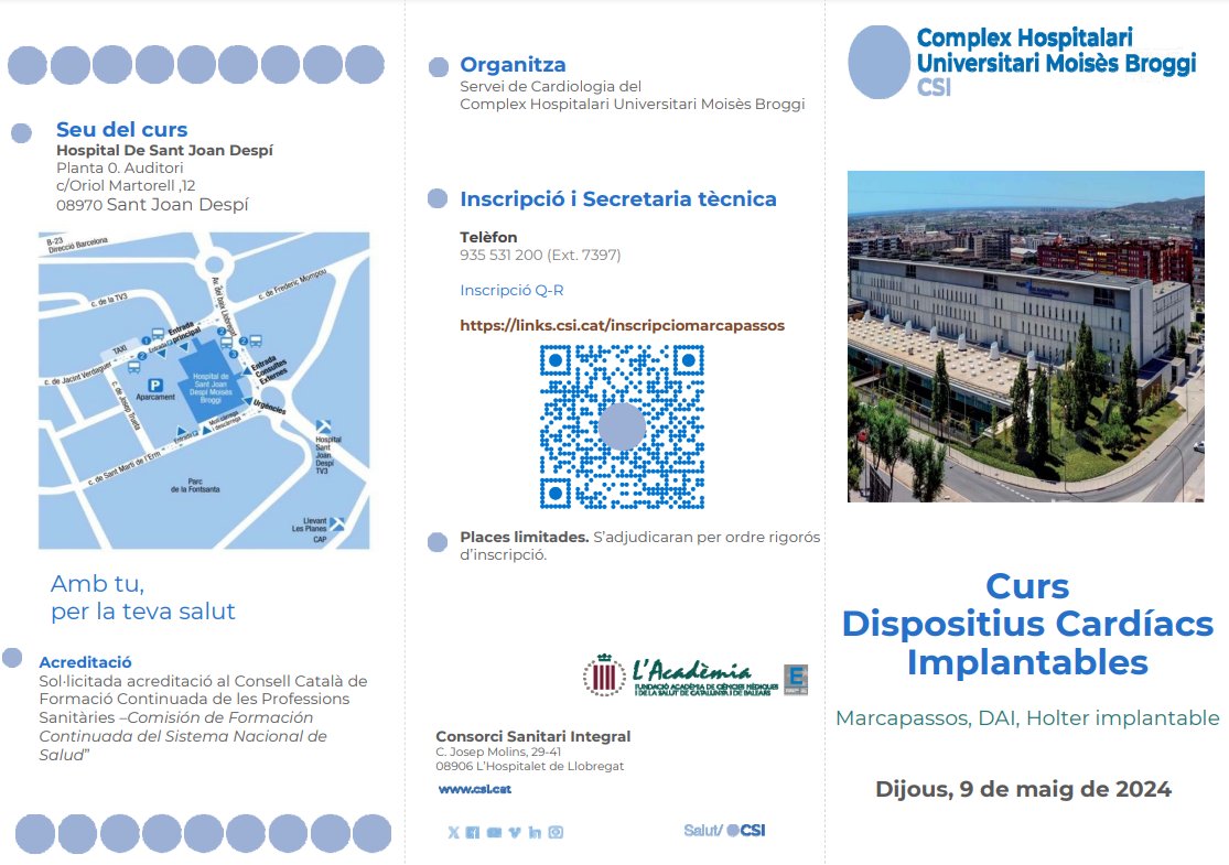 El Servei de #Cardiologia del Moisès Broggi organitza el Curs Dispositius Cardíacs Implantables per a professionals que tracten amb persones portadores de dispositius cardíacs implantables ✍️Inscripcions: i.mtr.cool/sohvevjbbf ℹ️Programa: i.mtr.cool/exzsihkdni