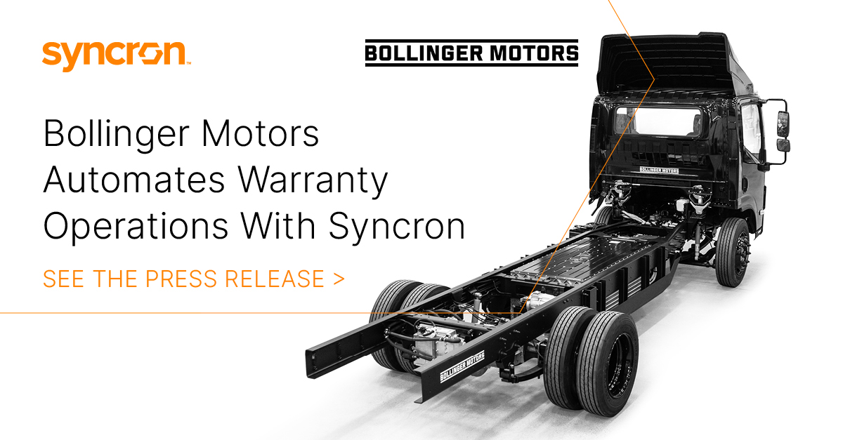 Bollinger Motors automated its warranty operations with Syncron for streamlined warranty management, faster claims processing times, and improved customer satisfaction and loyalty. 

Learn more: ow.ly/9vSC50Rxyoe

#AutomotiveAftermarket #Warranty #Automation
