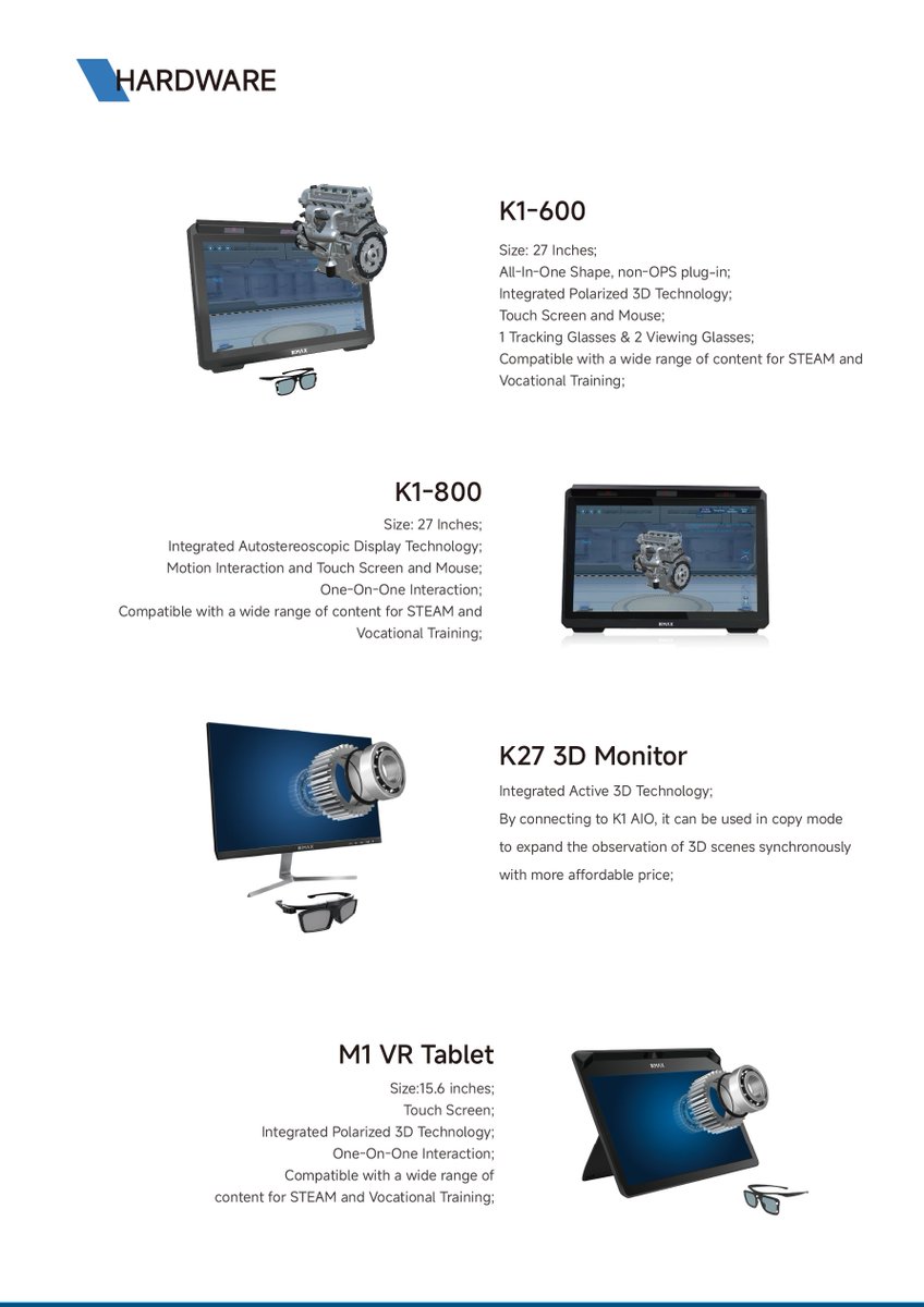 KmaxtechVRAR's tweet photo. KMAX Hardware Series. KMAX has a total of four self-developed hardware products, namely
1) K1-600
2) K1-800
3) K27 3D Monitor
4) M1 VR Tablet
All hardware are compatible with a wide range of content for STEAM and Vocational Training.
#hardware #VR  #technology #education #STEAM https://t.co/c0f1cAvmDl