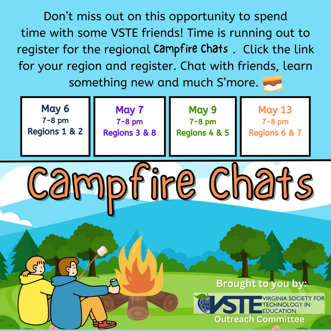VSTE wants to celebrate Virginia educators! Time is running out to register. We are looking forward to seeing you at the campfire. Registration Links: Monday, May 6 - Regions 1 & 2 7:00 pm - 8:00 pm us02web.zoom.us/webinar/regist… Tuesday, May 7 - Regions 3 & 8 7:00 pm -...