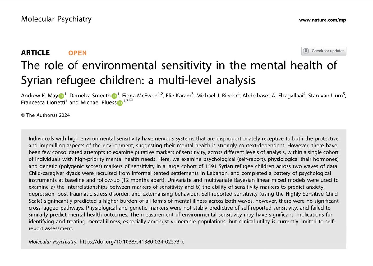 🇸🇾🔍What is the role of environmental sensitivity in the mental health of Syrian refugee children? Dr Fiona McEwen co-authored this article examining psychological, physiological & genetic markers of sensitivity in over 1500 Syrian refugee children. ⬇️ nature.com/articles/s4138…