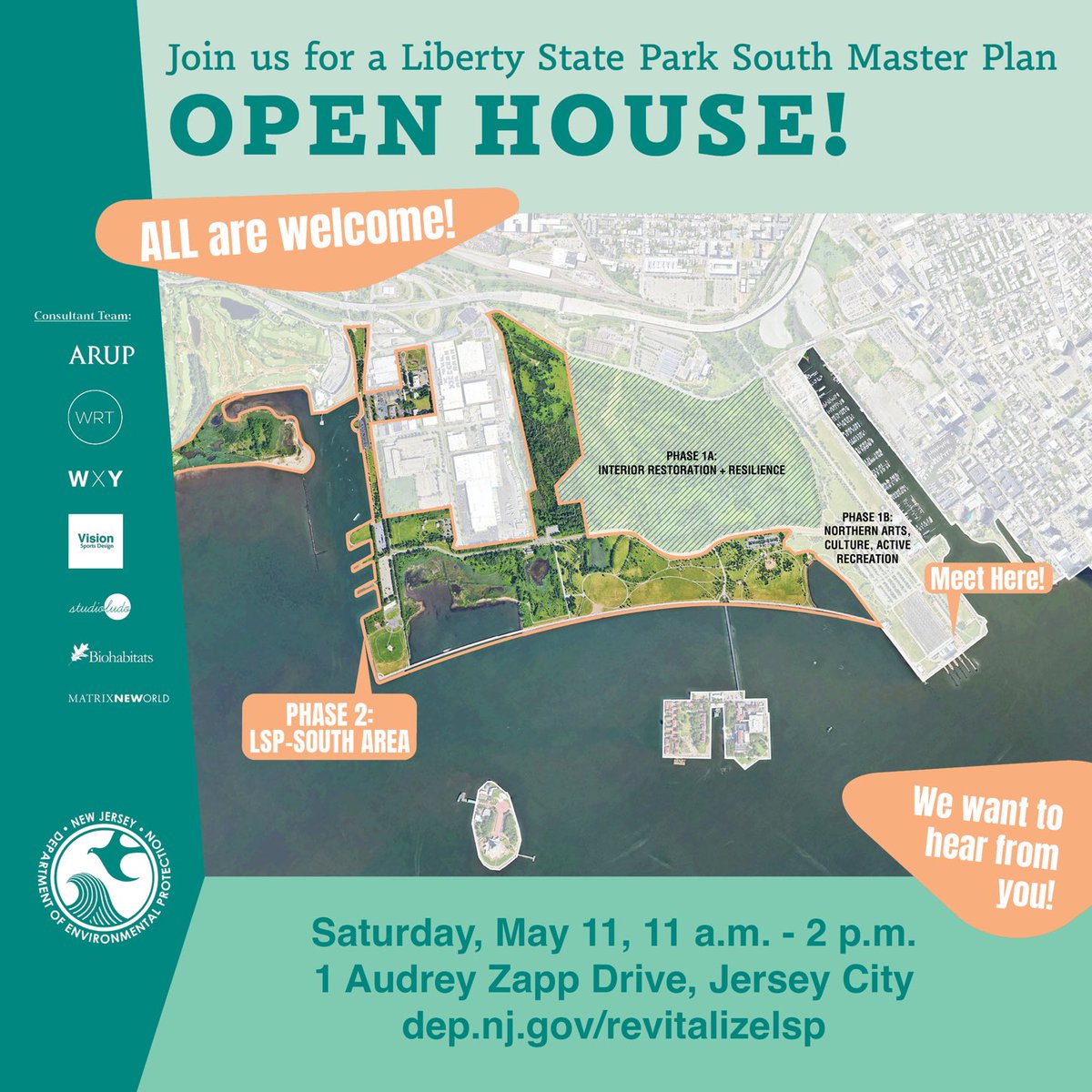 Please try to come to this Liberty State Park very important, major Open House with DEP’s consultants showing their exhibits and seeking and needing your feedback for their new proposals for the outlined areas in the DEP image!