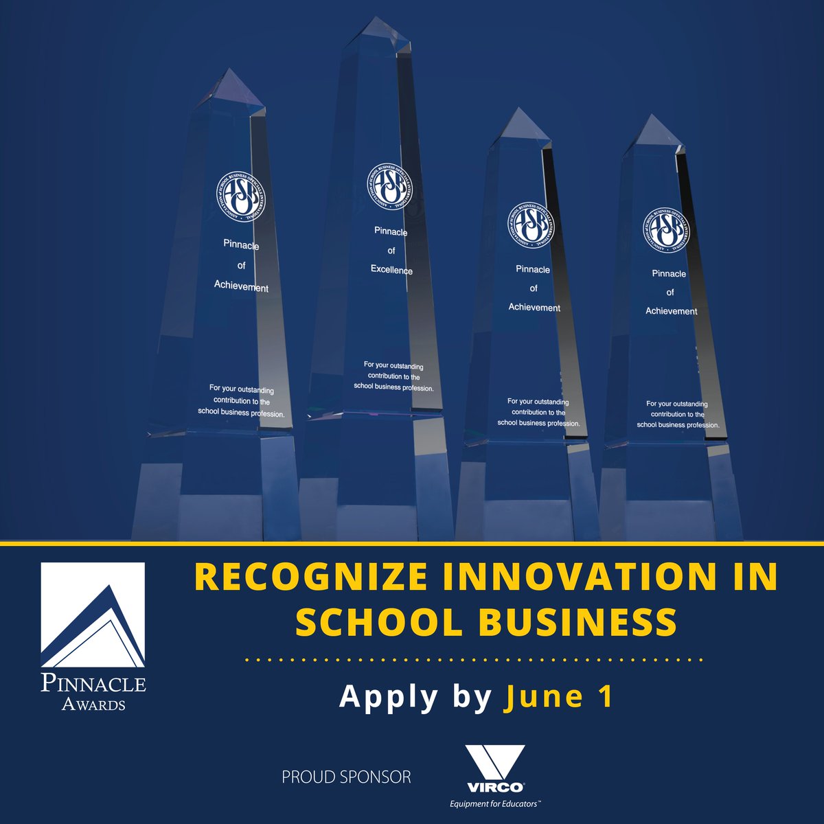 Celebrate creativity & innovation in the field of #schoolbusiness with the #ASBOPinnacle Awards! 🏆 Honor those who have developed original solutions to tackle everyday challenges in their school districts. Apply by June 1 here: asbointl.org/pinnacle Proud Sponsor: @VircoInc