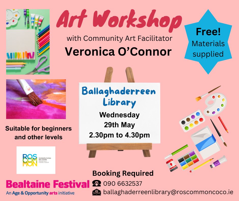 🎨🖌Free #Bealtaine Festival Art Workshops with Veronica O’Connor, Community Art Facilitator. Booking required. Wed 29 May #Ballaghaderreen Library 2.30 – 4.30pm 📞 090 6632537 or 📧ballaghaderreenlibrary@roscommoncoco.ie @roscommoncoco