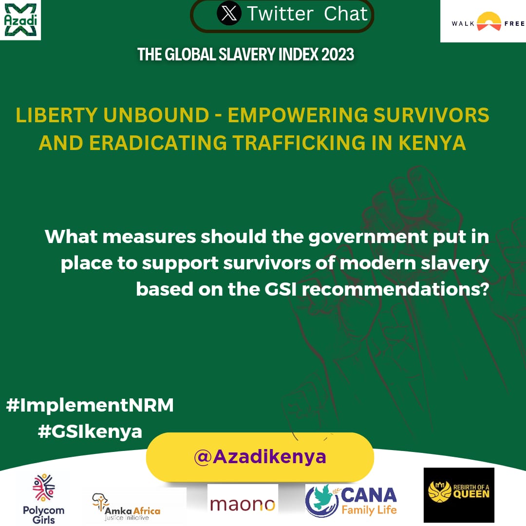 Engage survivors in the advocacy campaigns .Their personal accounts offer strong proof of the necessity for improved support services.#ImplementNRM @AzadiKenya 
#GSIKenya
<a href="/LabourSPKE/">Ministry of Labour and Social Protection</a>
<a href="/WalkFree/">Walk Free</a>
<a href="/InteriorKE/">Ministry of Interior | Kenya</a>
@Zamzammohmmed7
<a href="/IJM/">International Justice Mission</a>
<a href="/EstherPassaris/">Esther Muthoni Passaris</a>