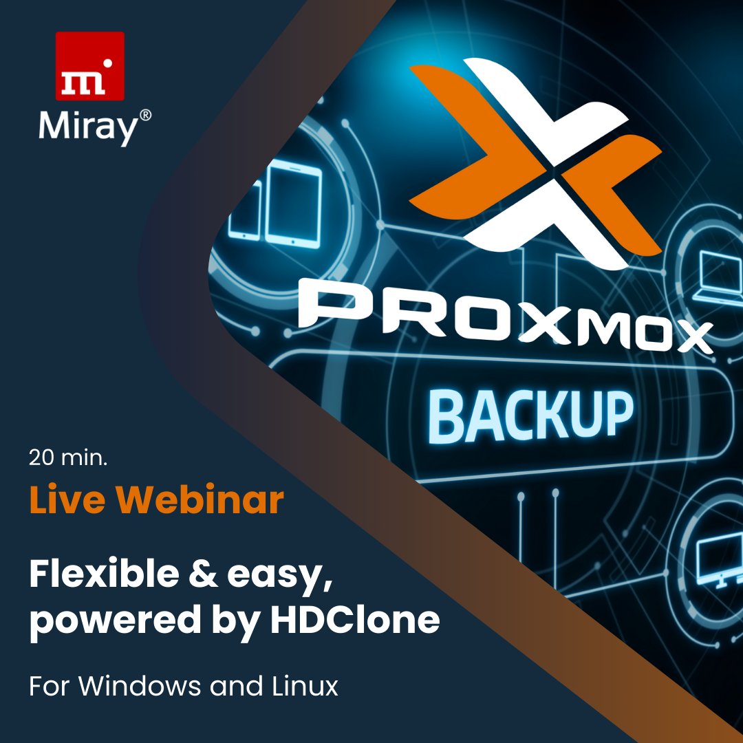 MiraySoftware's tweet photo. #Virtualization: Use #HDClone with #Proxmox

In our live #webinar, we'll show the fast, straightforward, &amp; efficient process of performing #backups &amp; #restores for Proxmox instances using HDClone X.5.

Get your free ticket and reserve your spot today! https://t.co/FOOP1nRSWi https://t.co/0DiKe33Yqt