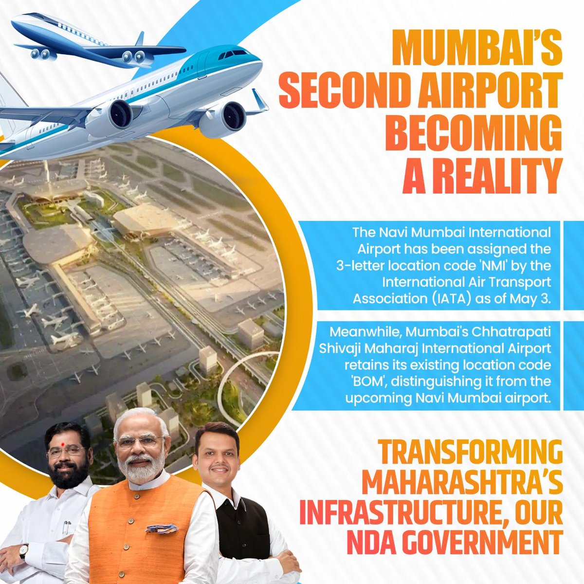 Exciting news for Mumbai and Maharashtra! With the assignment of the 'NMI' code by IATA, the Navi Mumbai International Airport is one step closer to reality. Kudos to PM Modi and CM Eknath Shinde Govt for their commitment to infrastructure development!