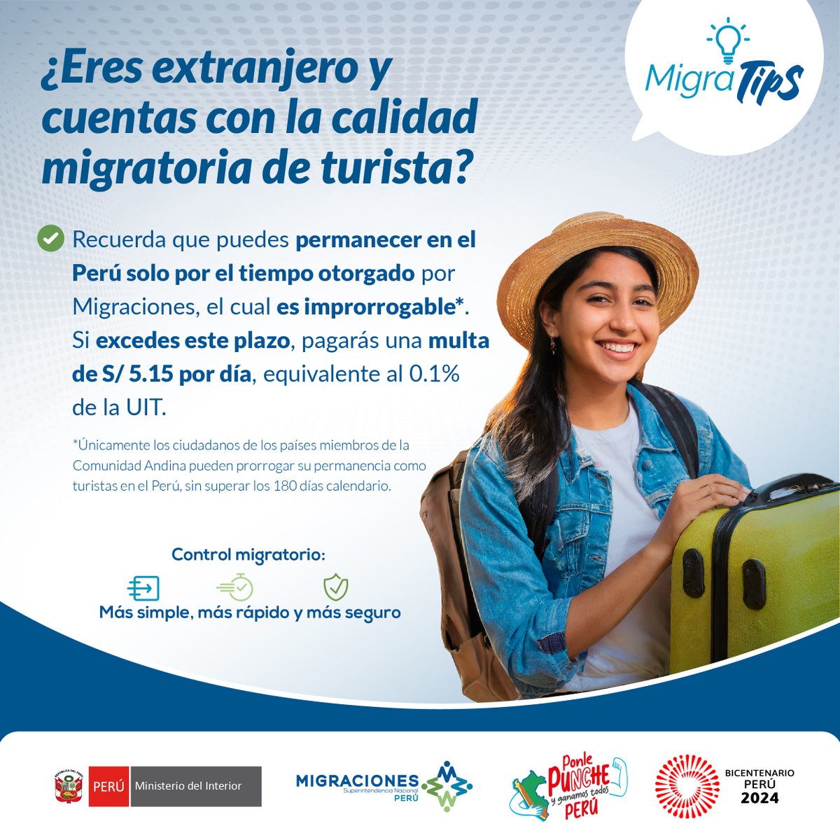 #MigracionesPerú | ¡Importante! Si ingresas como turista, recuerda que solo podrás permanecer en el país el tiempo otorgado a tu ingreso.

✅ Consulta el registro de control migratorio y tiempo de permanencia en la TAM Virtual:
➡️ bit.ly/consultaTAMvir…